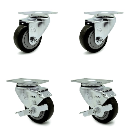 Service Caster 3 Inch Black Polyurethane Wheel Swivel Top Plate Caster Set with 2 Brakes SCC SCC-20S314-PPUB-BLK-TP3-2-TLB-2